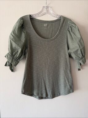 GAP Sage Green Canyon Rib Knit Puff Sleeve Tie Cuff Top Shirt Size S